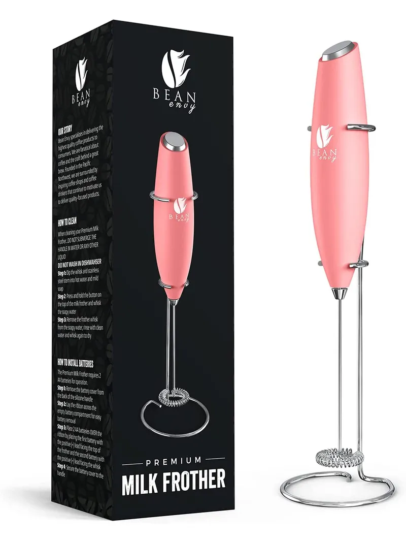 Bean Envy Milk Frother, Coffee Stirrers, Frother Wand, Milk Frother Handheld, Frother with stand, Hand Blender for Coffee, Lattes, Cappuccino, Matcha and Hot Chocolate – Kitchen Gifts - Rose Pink — image 1