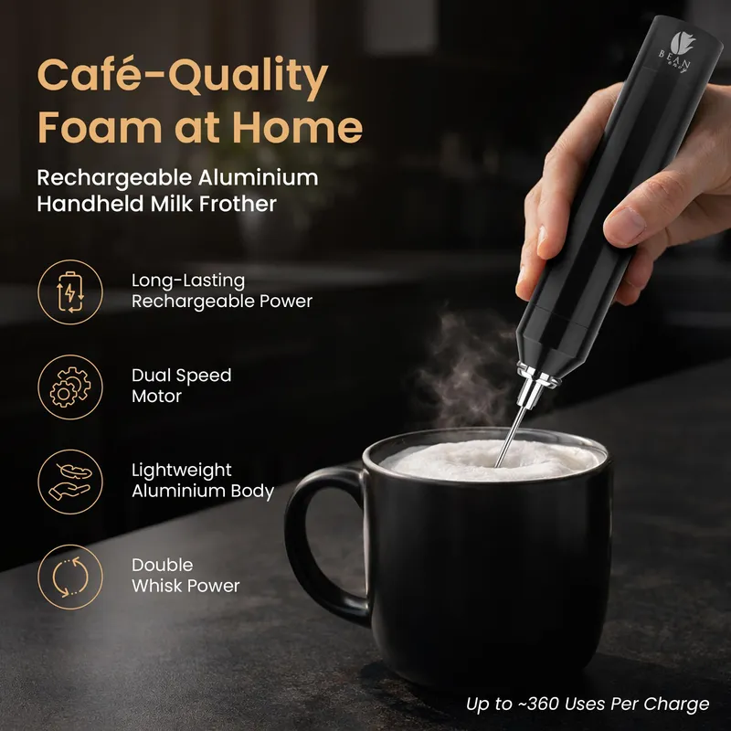 Bean Envy Rechargeable Milk Frother Handheld, Aluminium Coffee Frother Handheld with Stainless Steel Frother Wand, Best Coffee Frother Gift | Adjustable Speed Frother (USB C Cable and Stand Included) — image 2