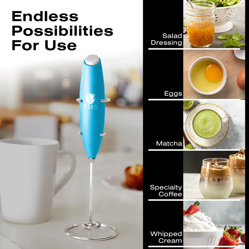 Bean Envy Milk Frother, Coffee Stirrers, Frother Wand, Milk Frother Handheld, Frother with stand, Hand Blender for Coffee, Lattes, Cappuccino, Matcha and Hot Chocolate – Kitchen Gifts - Light Blue — image 3