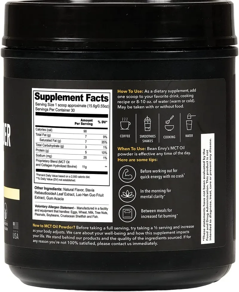 Bean Envy MCT Oil Powder with Collagen and Acacia - Gluten & Dairy-Free - Keto Creamer for Coffee, Ice Cream, Shakes and Smoothies - Vanilla — image 4